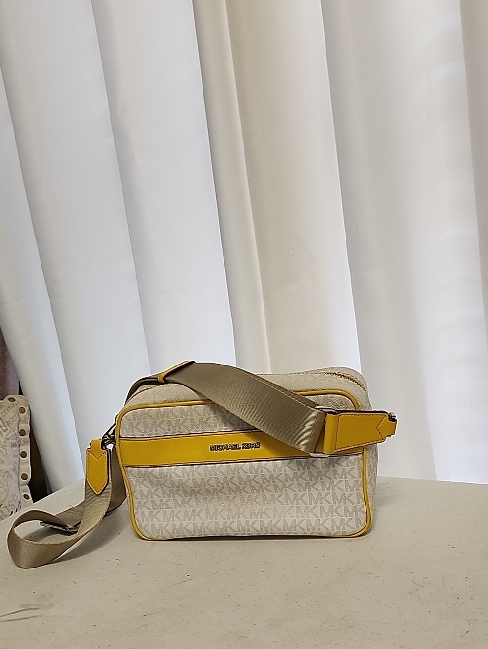 Michael Kors Beige and Yellow Signature Crossbody Camera Bag